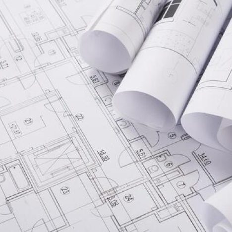 Plans of building. Architectural project background. Floor plan designed building on drawing, copy space